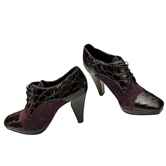 Donald J Pliner Haiden Women’s 7.5 Croc Embossed Plum Suede Oxford Heels Pumps - Picture 8 of 11